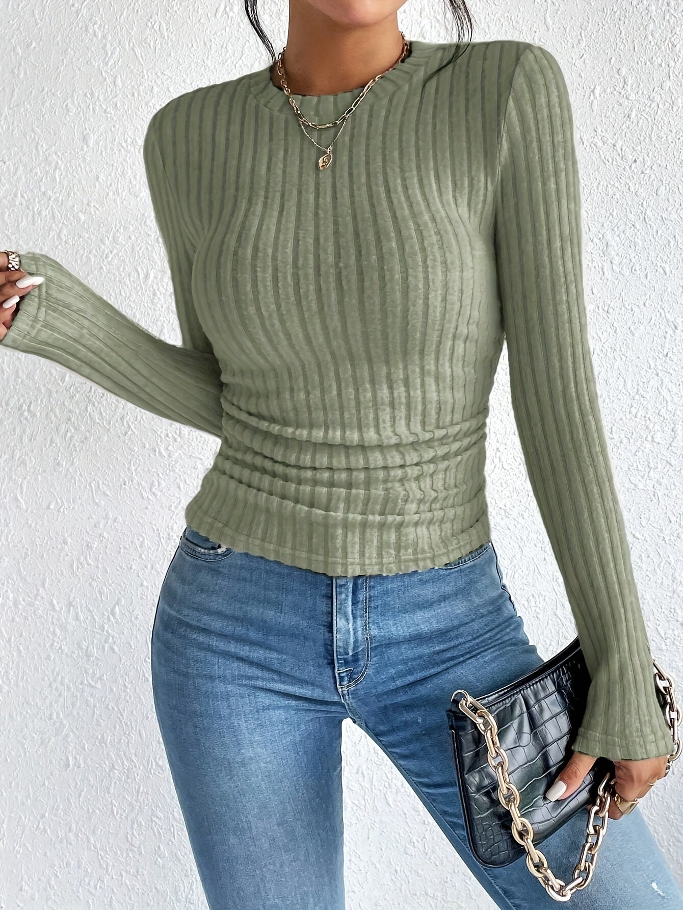 Elegant Solid Color Ribbed Pullover Sweater for Women - Crew Neck, Long Sleeve, Machine Washable - Perfect for Fall & Winter, for Autumn