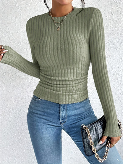 Elegant Solid Color Ribbed Pullover Sweater for Women - Crew Neck, Long Sleeve, Machine Washable - Perfect for Fall & Winter, for Autumn