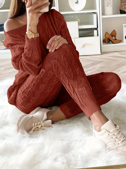 Solid Knitted Matching Two-piece Set, Casual Long Sleeve Sweater & Pants Outfit