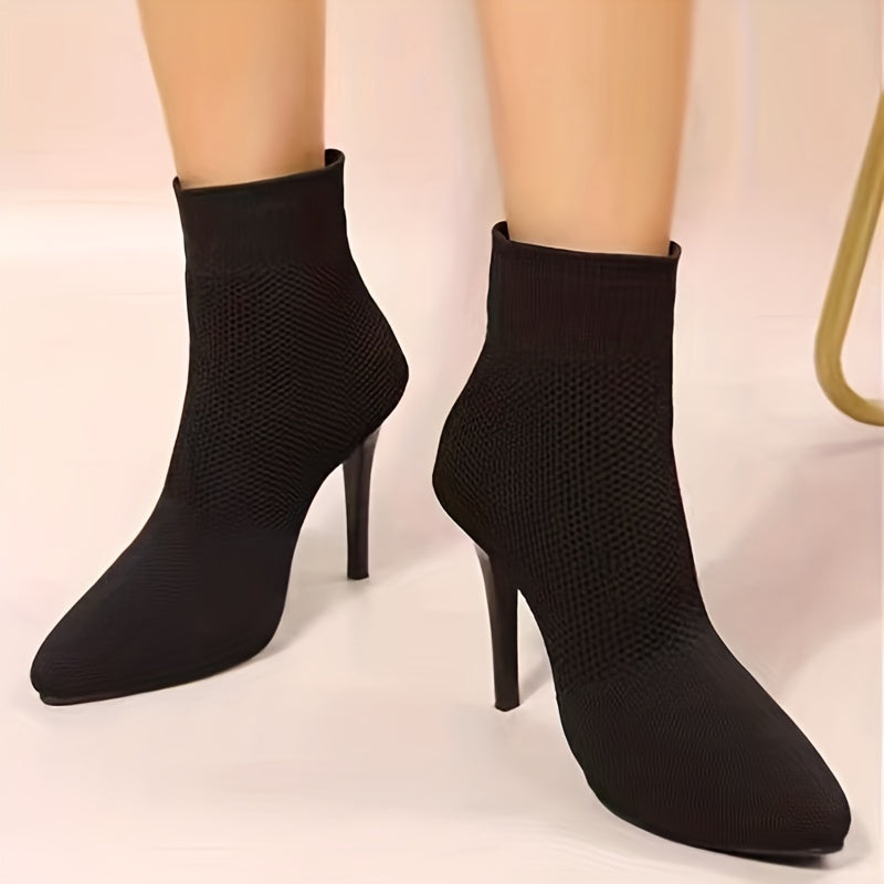 Women's Fashion Knit Socks Boots, Casual Pointed Toe Solid Color Slip On High Heels, Causal & Breathable Ankle Boots