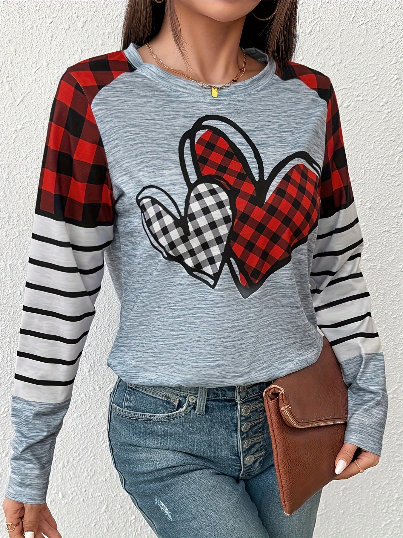 Plaid & Heart Print T-shirt, Casual Long Sleeve Crew Neck Top