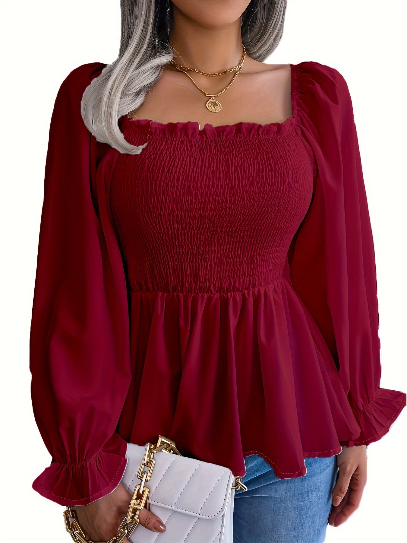 Plus Size Off The Shoulder Ruched Bust Long Sleeve Top - Elegant Solid Color Polyester Square Neck Casual Wear for Spring, Summer, Fall - Machine Washable, Non-Stretch Woven Fabric