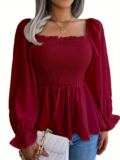 Plus Size Off The Shoulder Ruched Bust Long Sleeve Top - Elegant Solid Color Polyester Square Neck Casual Wear for Spring, Summer, Fall - Machine Washable, Non-Stretch Woven Fabric