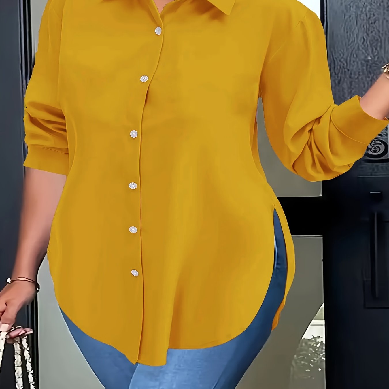 Elegant Women'S Plus Size Shirt - Polyester Long Sleeve Lapel Collared Button-Down Flared Hem Top with Slight Stretch