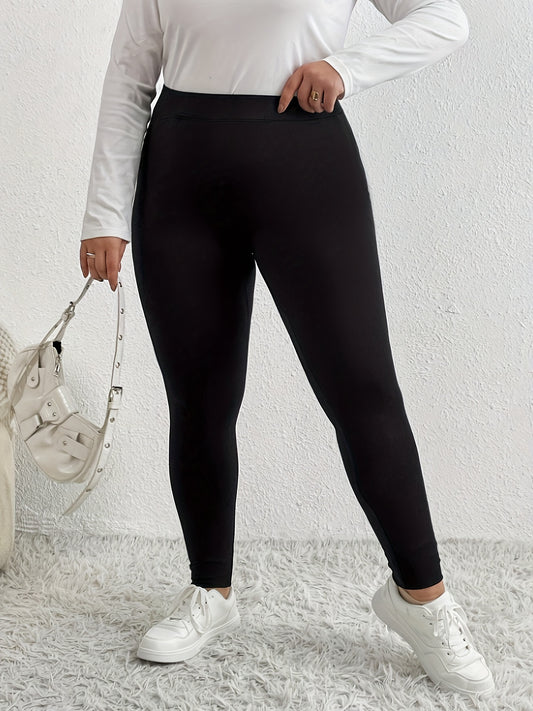 Leggings ajustados de cintura alta con bolsillos de color sólido y elásticos de talla grande - Ropa de talla grande para mujer - Leggings cómodos, transpirables y suaves para uso diario