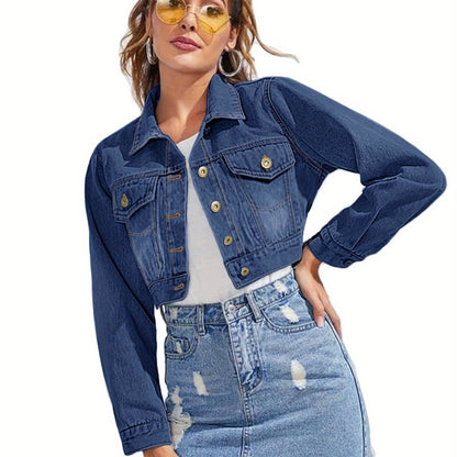 Women's Cropped Long-Sleeve Button-Down Denim Jacket with Pockets