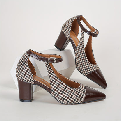 Mid Heel Womens Houndstooth Pattern Ankle Strap Shoes - Soft, Lightweight, Elegant Pointed Toe Dress Shoes with Block Heel, Faux Leather Insole, and Rubber Sole - Perfect for All-Season Wear