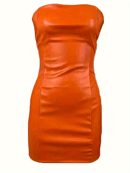 Vestido tubo ajustado de piel sintética lisa: ropa de club para mujer, elegante, sin tirantes, que se ajusta al cuerpo, cómoda y asequible para salidas nocturnas, fiestas y ocasiones especiales