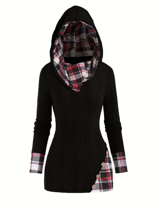 Plaid Splicing Button Decor Cable Hooded Sweater - Stylish Long Sleeve Casual Wear for Women with Decorative Button Details and Unique Splicing Design - Perfect for Everyday Fashion