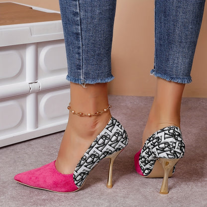 Zapatos de franela con estampado de letras sofisticados: tacones altos franceses con punta puntiaguda para mujer, estilo y elegancia para todas las estaciones