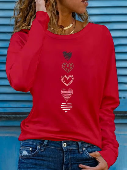 Camiseta informal de talla grande: adorable estampado de corazones, mangas largas cómodas, escote redondo clásico, elasticidad media para un ajuste favorecedor; diseñada específicamente para mujeres