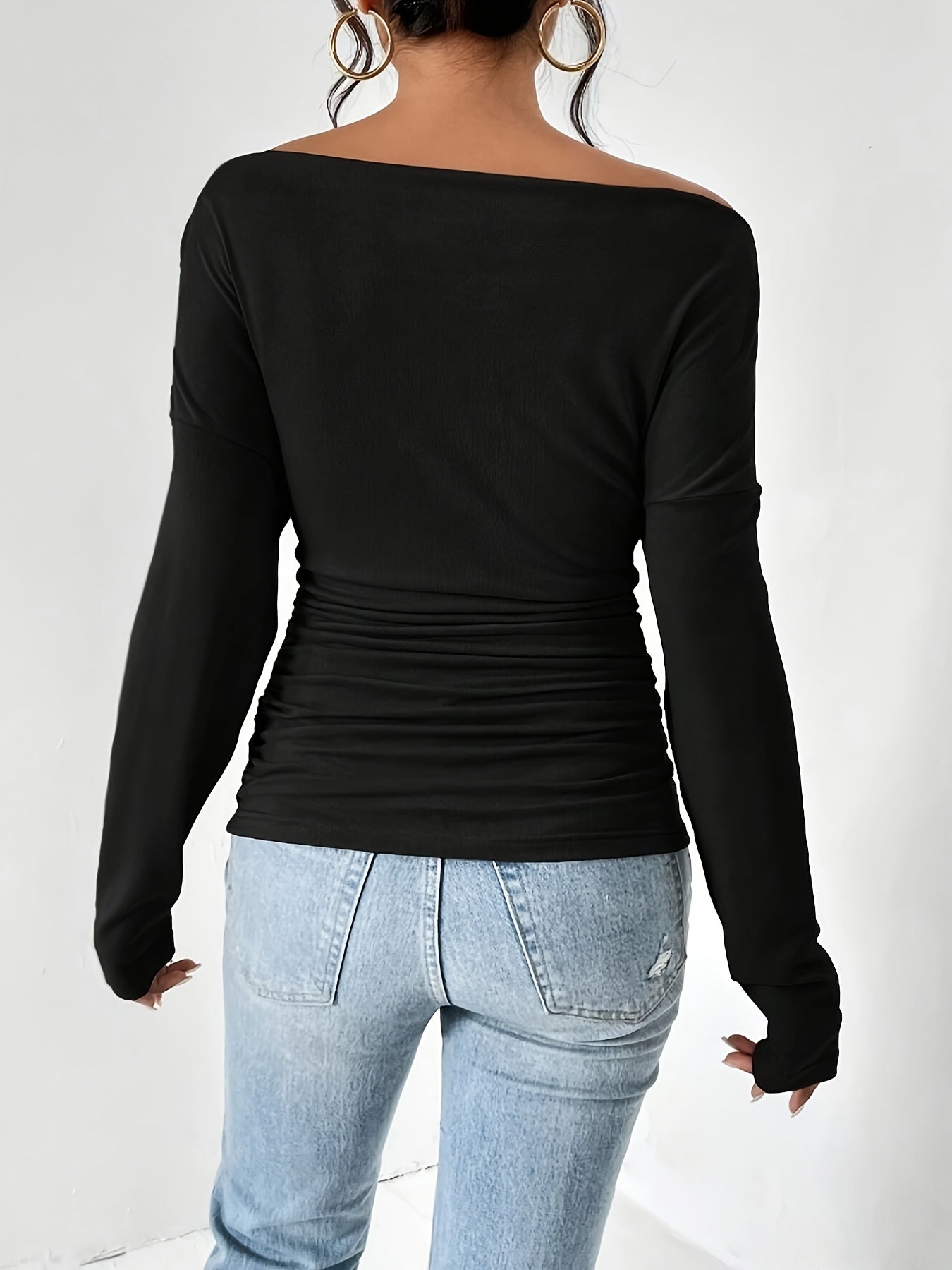 Blusa elegante de mujer con cuello asimétrico, fruncida, de manga larga y versátil para primavera y otoño