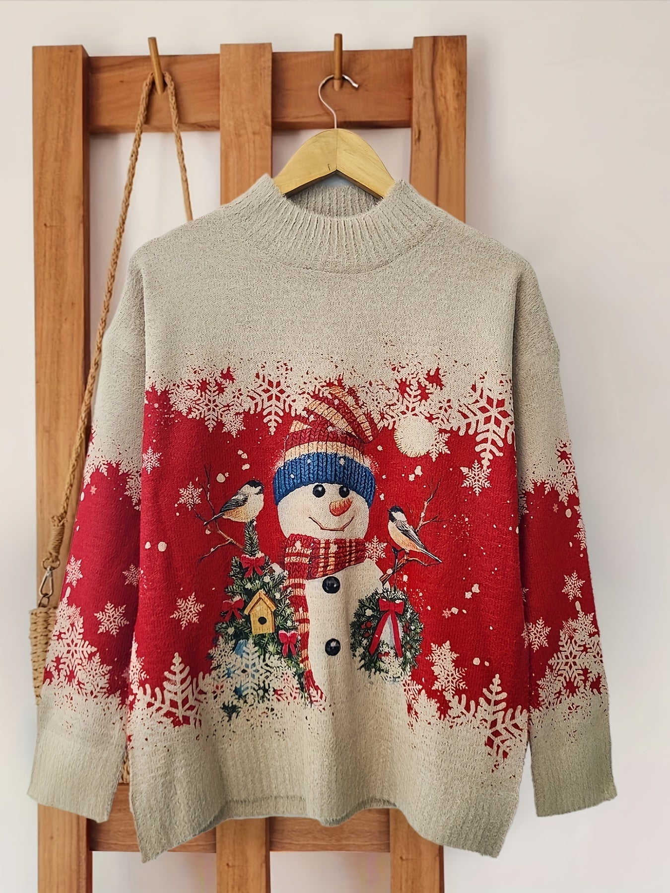 Cozy Winter Essential: Women's Snowman Pattern Crew Neck Long Sleeve Sweater for Fall & Winter