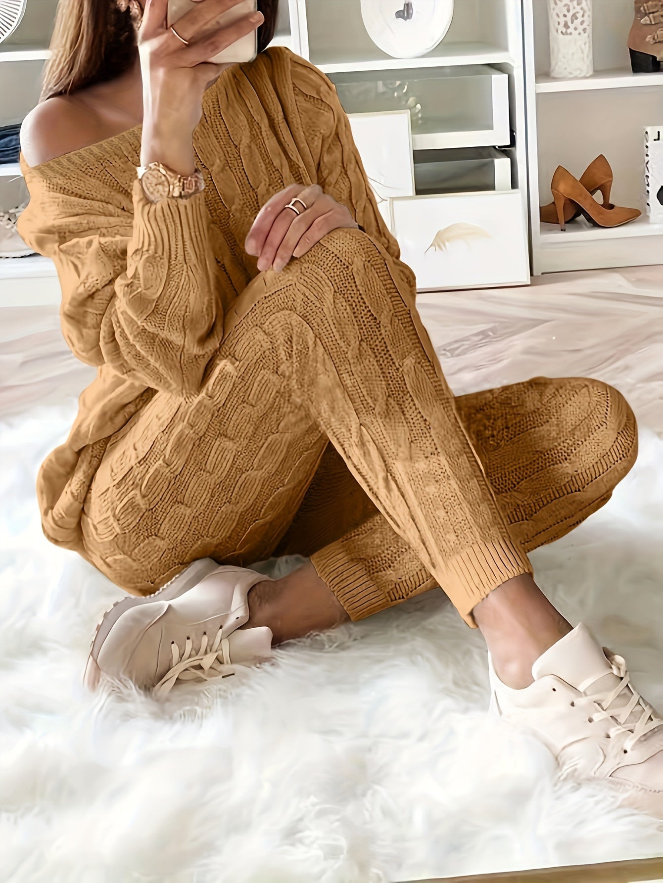 Solid Knitted Matching Two-piece Set, Casual Long Sleeve Sweater & Pants Outfit