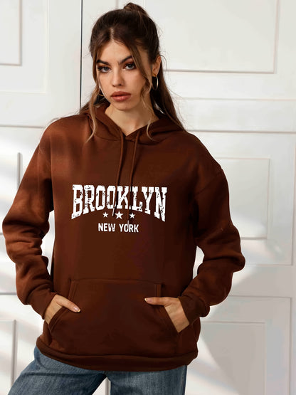 Trendy Letter Print Drawstring Sweater, Loose Kangaroo Pockets Long Sleeve Pullover Hoodies, Women's Sweatshirt