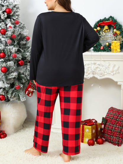 Plus Size Christmas Pajama Set, Long Sleeve Plaid Pants, Santa Gingerbread Print, Casual Polyester Knit Sleepwear, Adult Cozy Loungewear for Women