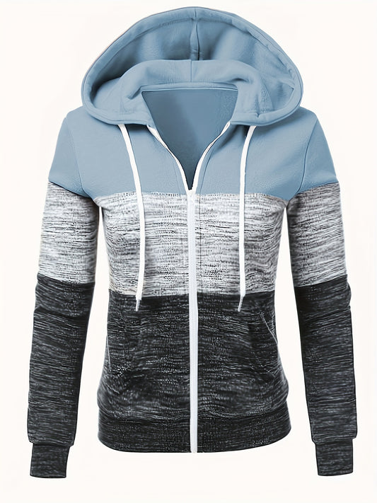 Women's All-Season Zipper Hoodie - Casual Long Sleeve Knit Sweatshirt with Trendy Color Block Design