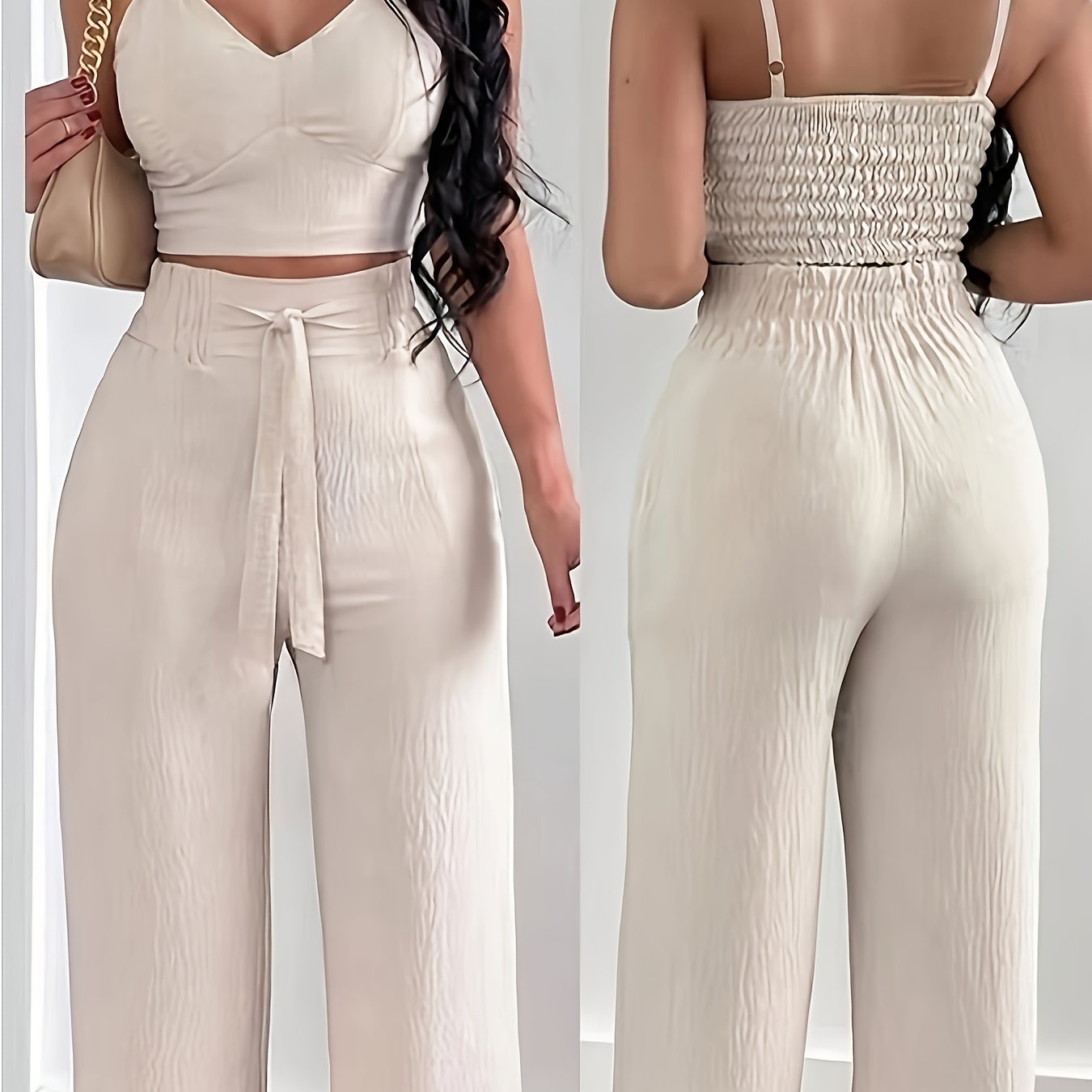 Women's Elegant Solid Color Polyester Off-Shoulder Top and Wide Leg Pants Set