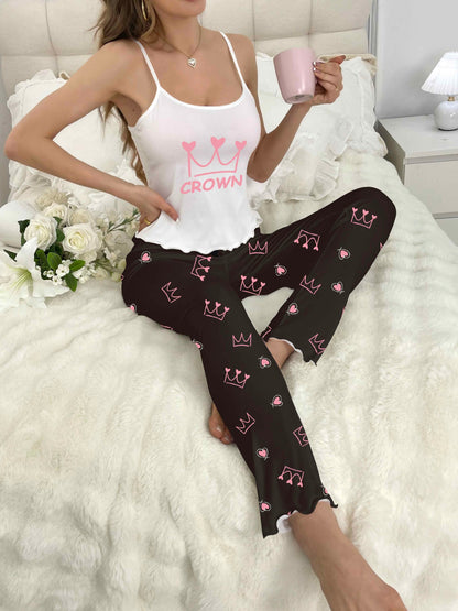 Adorable conjunto de pijama con estampado de corazones a cuadros: camiseta de tirantes cómoda y pantalones elásticos para el romance del Día de San Valentín: ropa de descanso y ropa de dormir para mujer