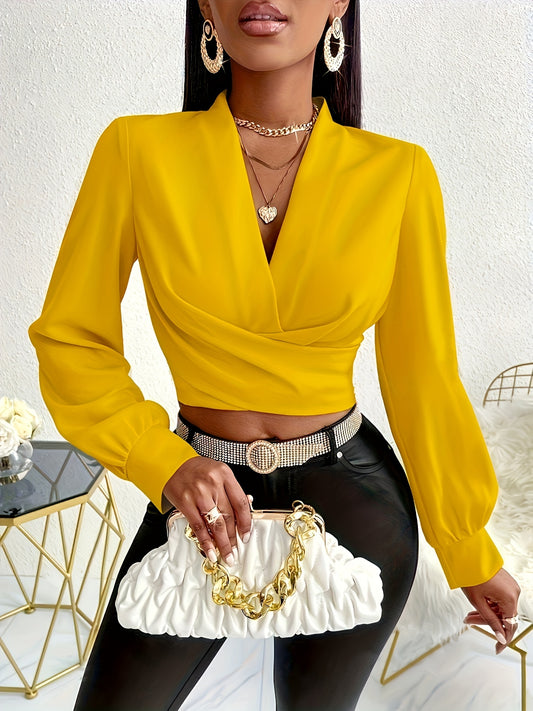 Vibrant Solid Color Crop Blouse - Women's Elegant V-Neck