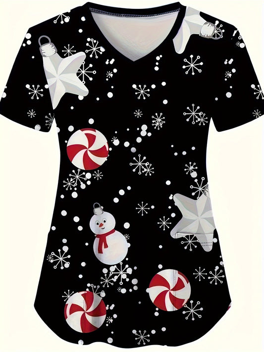 Festive Santa Claus V-Neck Scrub Top for Nurses - Comfortable Polyester, Machine Washable, Perfect for Spring/Summer/Fall