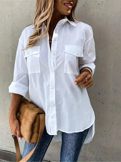 Plus Size Womens Charming Blouse - Long Sleeve Solid Shirt with Flattering Lapel Collar & Stylish Button-Up Design, Trendy Plus Size Top featuring Practical Flap Pockets for Casual Chic Style