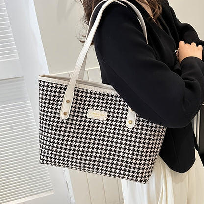 Chic Houndstooth Tote Bag for Women - Spacious & Stylish Shoulder Handbag