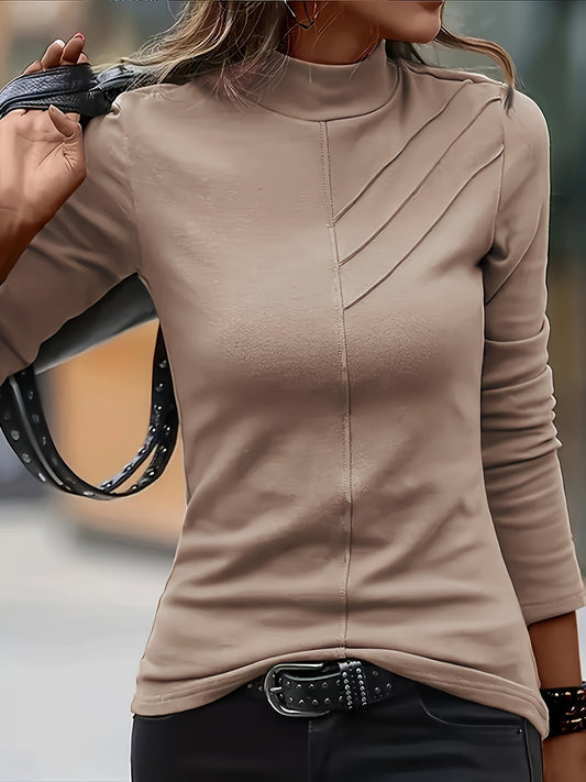 Plus Size Women's Solid Color Mock Neck Long Sleeve T-Shirt - Soft, Breathable, Casual Simple Top for Spring & Fall - Comfortable, Relaxed Fit, Easy Care, Versatile Wardrobe Essential