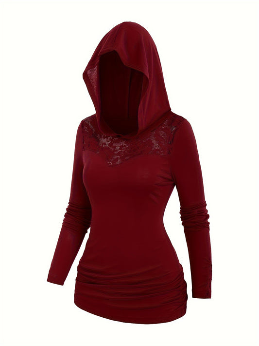 Contrast Lace Ruched Hoodie, Casual Solid Long Sleeve Hoodie, Women's Clothing