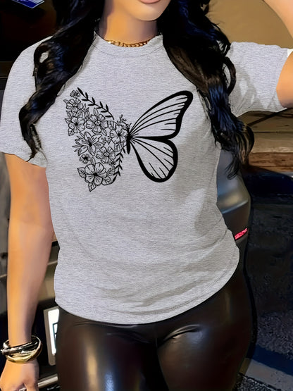 Butterfly Print Crew Neck Short Sleeve T-Shirt - Soft Mid-Elasticity Polyester Fabric, Machine Washable, Casual Style for Spring & Summer - Womens Regular Fit Clothing for Everyday Wear