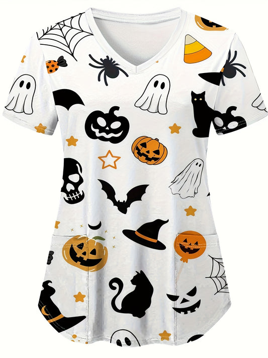 Halloween Pumpkin Print V-neck Scrub Top, Comfortable & Functional Health Care Uniform Top, Perfect For Working In Hospitals & Dental Office, Women's Work Clothing