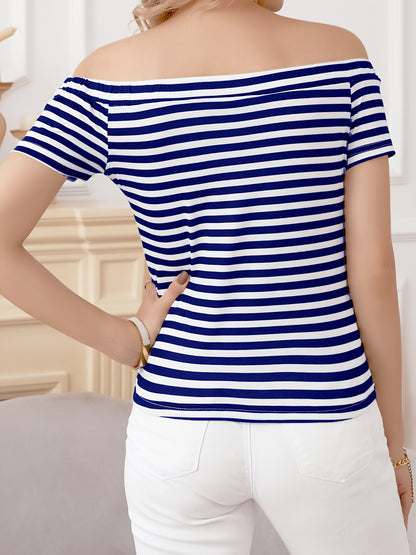 Blusa de rayas con hombros descubiertos, blusa informal de verano de manga corta, ropa de mujer