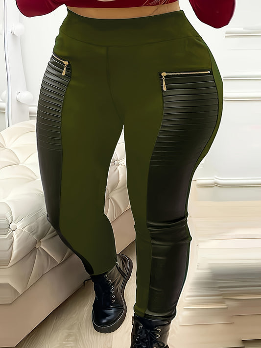 Plus Size Tapered Leggings, Polyester Knit Fabric with Zipper Detail, Solid Color Stretch Pants