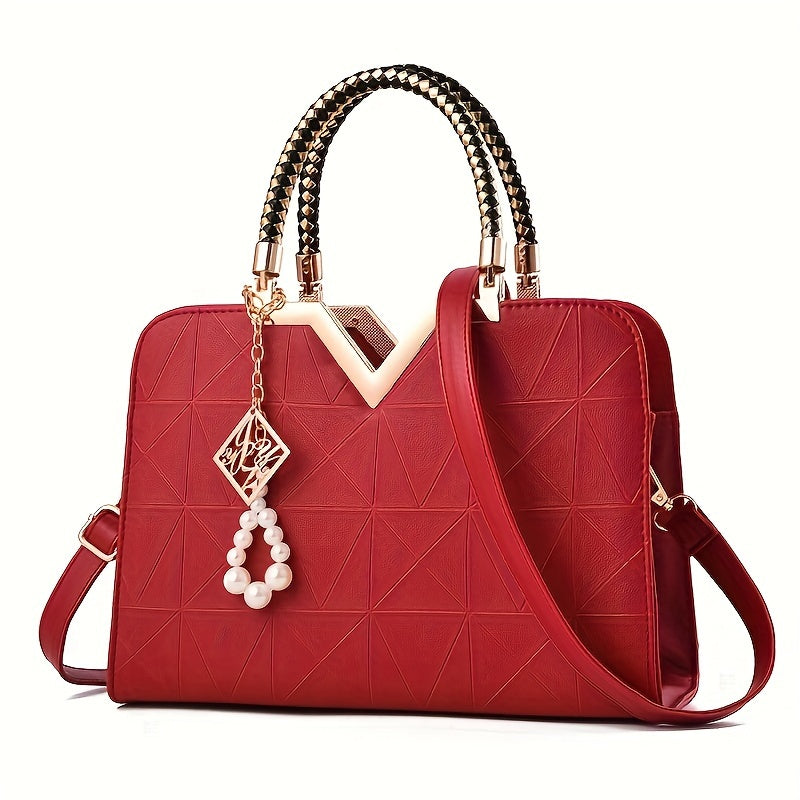 Fashion Top-Handle Handbag for Women, Solid Color Faux Leather Shoulder Bag, with Zipper Closure