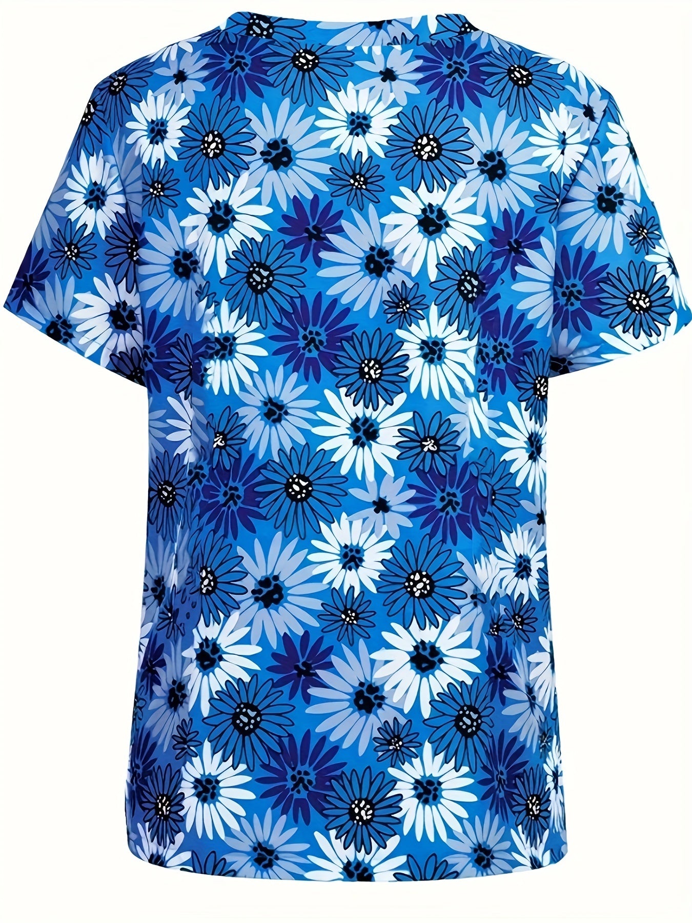 Floral Print Pockets Top, Short Sleeve V Neck Health Care Uniform For Nurse, Women's Clothing