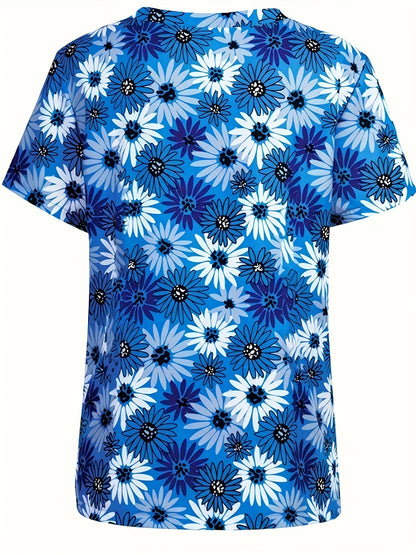 Floral Print Pockets Top, Short Sleeve V Neck Health Care Uniform For Nurse, Women's Clothing