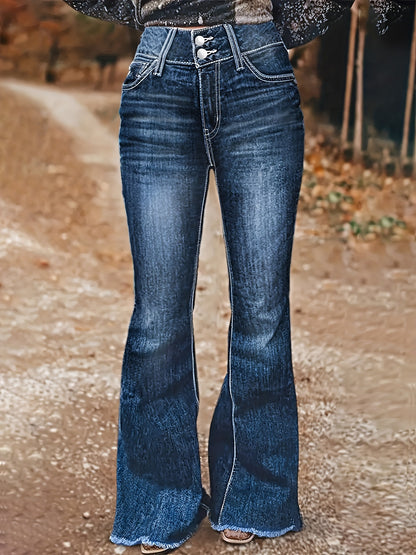 Plus size flare leg embroidered jeans with raw hem and back pocket, vintage style, comfortable denim fabric, perfect for casual daily wear.