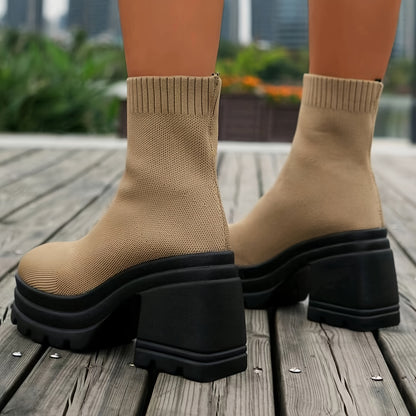 Womens Fashion Solid Color Slip-On Chunky Heel Platform Boots - Effortless Comfort, Airy Knit, Casual Chic Style