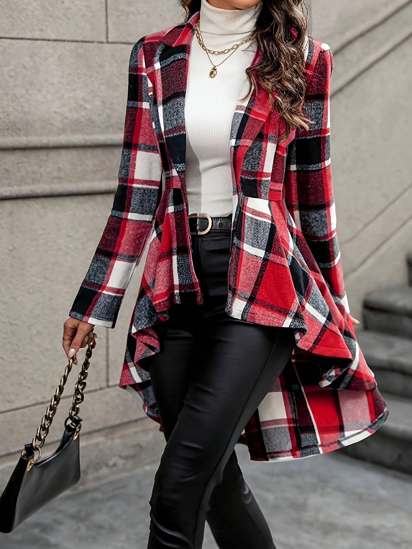 1pc Elegant Plaid Lapel Jacket for Women, Long Sleeve Asymmetrical Flare Coat, Casual Polyester Color Block Woven Outerwear for Fall/Winter