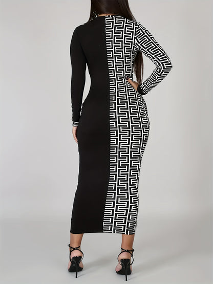 Stunning Plus Size Retro Colorblock Geometric Print Dress - Plus Size Dresses - Long Sleeve, Round Neck, Bodycon, Midi, Women's Fashionable Party Wear with Vibrant Colors and Unique Pattern