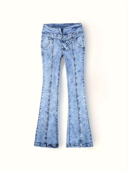 Chic plus size high waist flare leg jeans with bowknot belt, split hem, ruched pintuck detail in washed blue denim