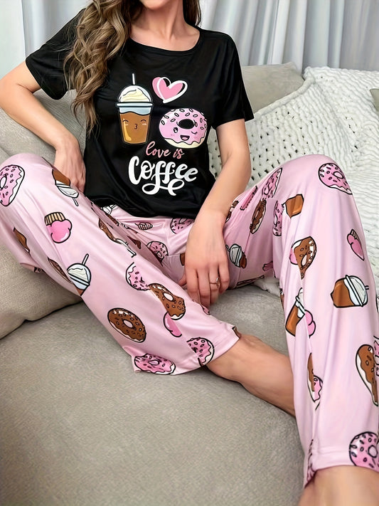 Conjunto de pijama elegante con estampado de café y donas: ropa de dormir cómoda de manga corta y cintura elástica para mujer