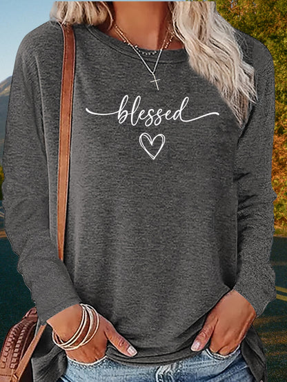 1 camiseta informal de cuello redondo y manga larga para mujer con gráfico de corazón "Blessed"