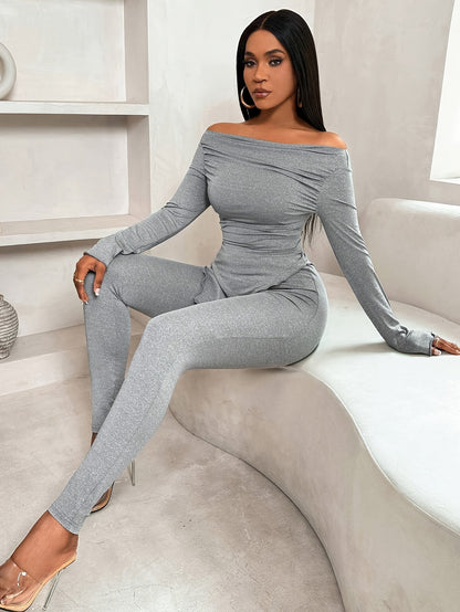 Elegant Off-Shoulder Asymmetrical Hem Long Sleeve Top and Leggings Set for Women, Chic Outfit