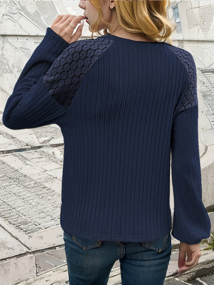 Sudadera elegante de cuello redondo con costuras de encaje de talla grande - Suéter suave con botones lisos y mangas largas para otoño y primavera - Ropa informal cómoda para mujer para la vida diaria