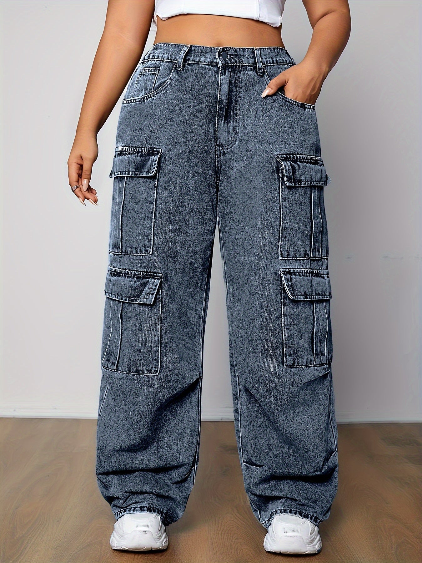 Plus size loose fit cargo jeans with multi-pocket design, side flap pockets, women's casual streetwear denim pants for everyday activities