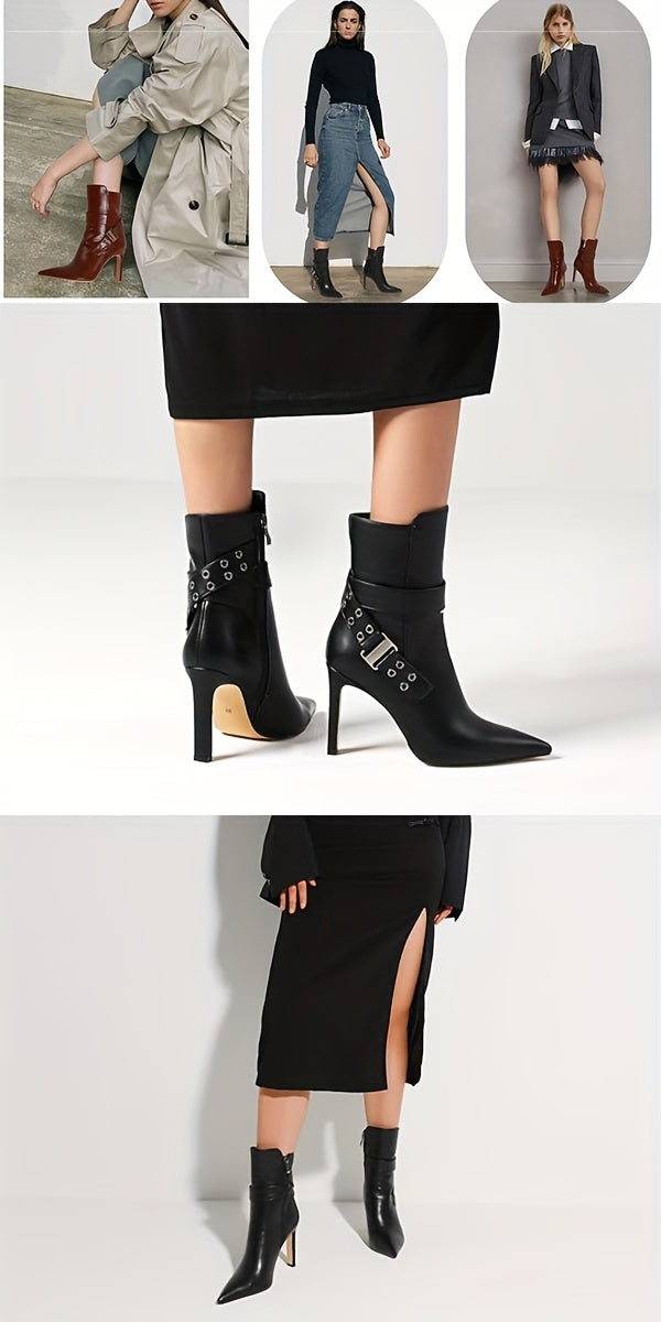 Pointed Ankle Boots Pointed Toe High Heel Mid Calf Side Zipper Short Booties With Buckle Strap - 4 Inch