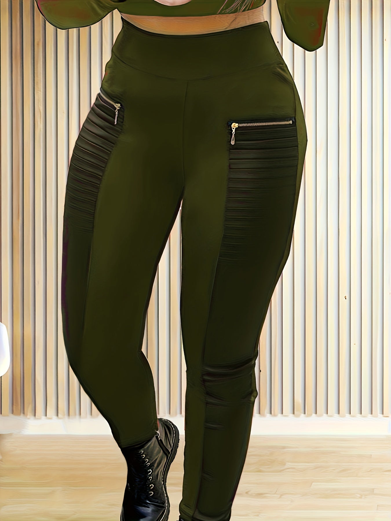 Leggings ajustados de talla grande, tejido de punto de poliéster con detalle de cremallera, pantalones elásticos de color sólido