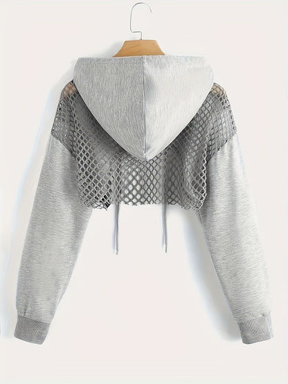 Hoodie Sweatshirt - Mesh Panels - Cropped Sports Jacket for Casual Chic Style - LuxyXO