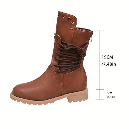 1 par de botas casuales de media pantorrilla para mujer: color sólido, punta redonda, sin cordones, tacón plano, forro de tela, suela de goma, parte superior sintética, plantilla de tela: botas de vestir para la temporada de otoño